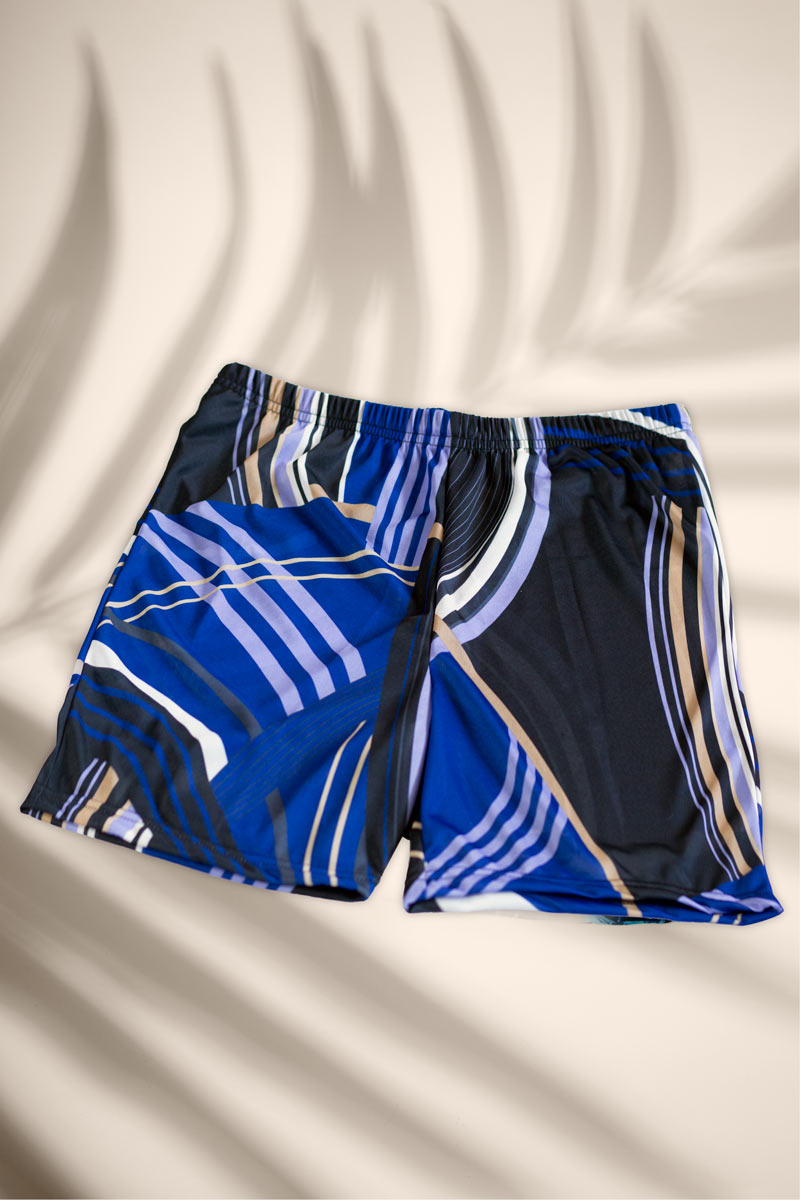 Tan Though Blue Swirls board shorts